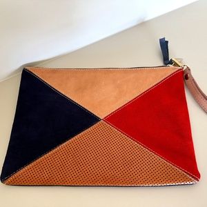 CLARE V LARGE ZIPPERED POUCH CLUTCH | MULTI PATTERN blue red tan